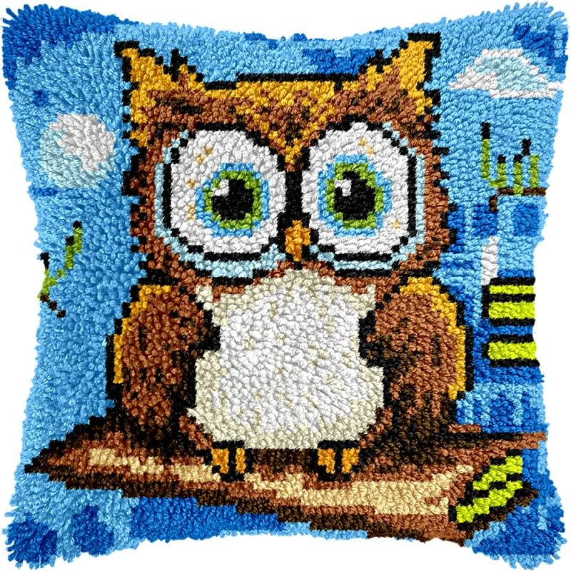 Cartoon Owl Bird Latch Hook Pillow Kits Pillow Cover with Pattern Printed Canvas Sofa Hooking Pillowcase Cushion Crafts Embroidery Latch Hooking Crochet Starter Kits 17x17 inch(1)