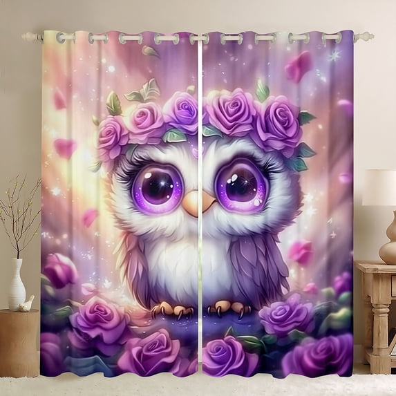 Cartoon Owl Curtains Teens Kawaii Flowers Decor (42Wx90L) 2 Panels 30%-50% Blackout Curtains,Wildlife Bird Curtains & Drapes Animal Window Curtains Purple