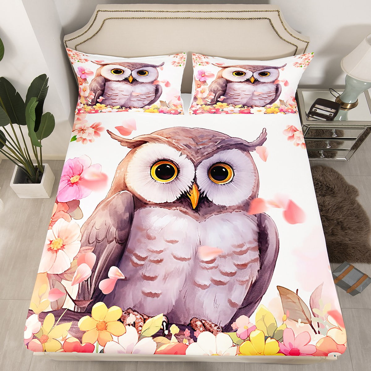 Cartoon Owl Fitted Sheet Flying Bird Animal Print Bedding Set Watercolor Flowers Bed Sheets for Boys Girls Kids Christmas Gifts Botanical Blossoms