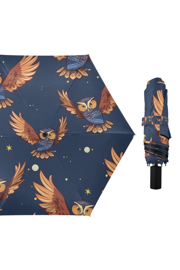 Cartoon Owl Flying in Night Compact Sun Umbrella Windproof Travel Umbrellas for Rain Strong Portable UV Protection