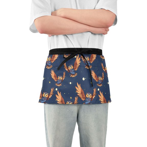 Cartoon Owl Flying in Night Server Apron with 3 Pockets Waterproof Waitress Waist Short Apron for Man Woman 12 Inches