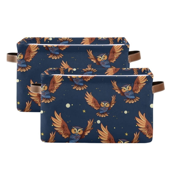 Cartoon Owl Flying in Night Storage Bins with Handle Fabric Organizer Basket Foldable Box 2 Pack 14.2x10.2x8.3