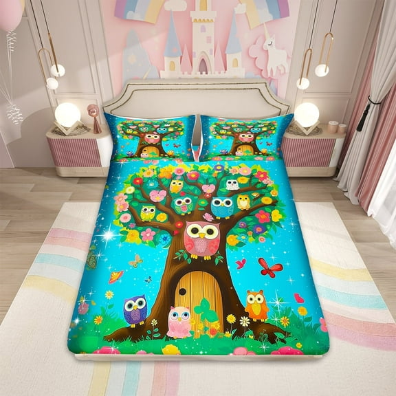 Cartoon Owl King Size Sheet Sets for Kids Toddler Kawaii Butterfly Sheets for Girls Boys,Botanical Tree Bedding Floral Flower Bed Sheets Set,Galaxy Stars Fitted Sheet
