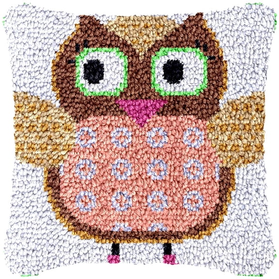 Cartoon Owl Latch Hook Kits Pillow Cover DIY Rug Making Crochet Hook Cushion Making Kits with Preprinted Pattern Canvas DIY Needlework Crochet Kits Sofa Decor 43x43cm