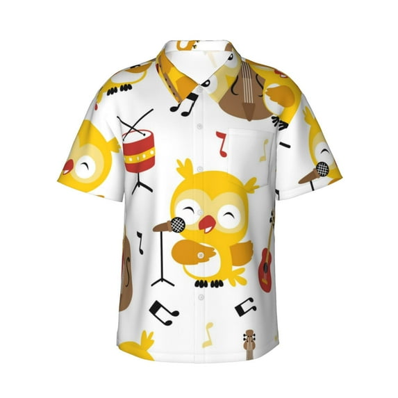 Cartoon Owl Playing Music Men's 3d Print Casual Button Down Shirts, Novelty Hawaiian Short Sleeves L