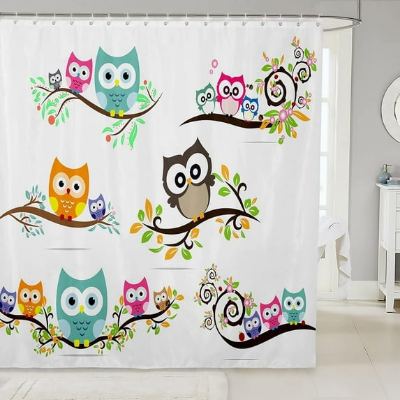 Cartoon Owl Shower Curtain Kids Cute Animal Floral Leaf Printe Bathroom Shower Curtain Set Kawaii Bird Branches Decorative Bath Curtain Cartoon Owls Design White Kids Bathroom Accessories 72"x84"