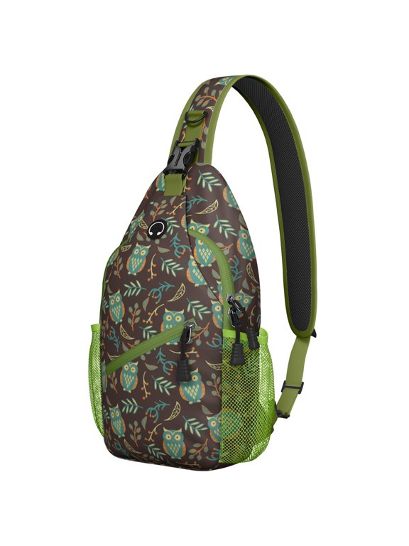 Cartoon Owl Sling Backpack, Hand-drawn Big Eyes Owl Print Crossbody Bag with Stars and Moon, Cute Fantasy Bird Design for Night Lovers
