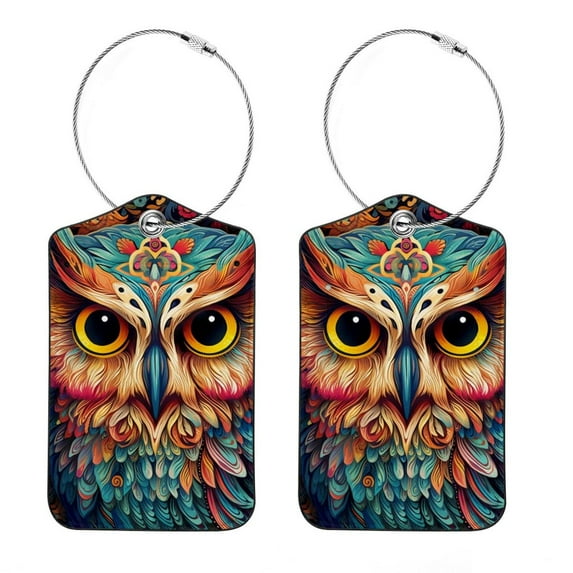 Cartoon Owl Square PU Leather 2 Pack Travel Tag - Bag Tag - Suitcase Tag with Privacy Cover and Stainless Steel Ring - Suitable for Travel, Backpack, and Handbag