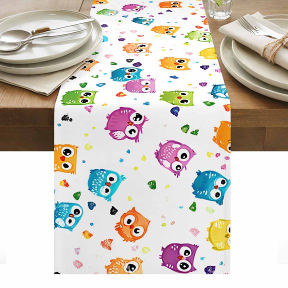 Cartoon Owl Table Runner 14 x 72 Inch, Cute Animal Washable Cotton Linen Dining Table Runner Tabletop Decorations for Restaurant Home Kitchen Party