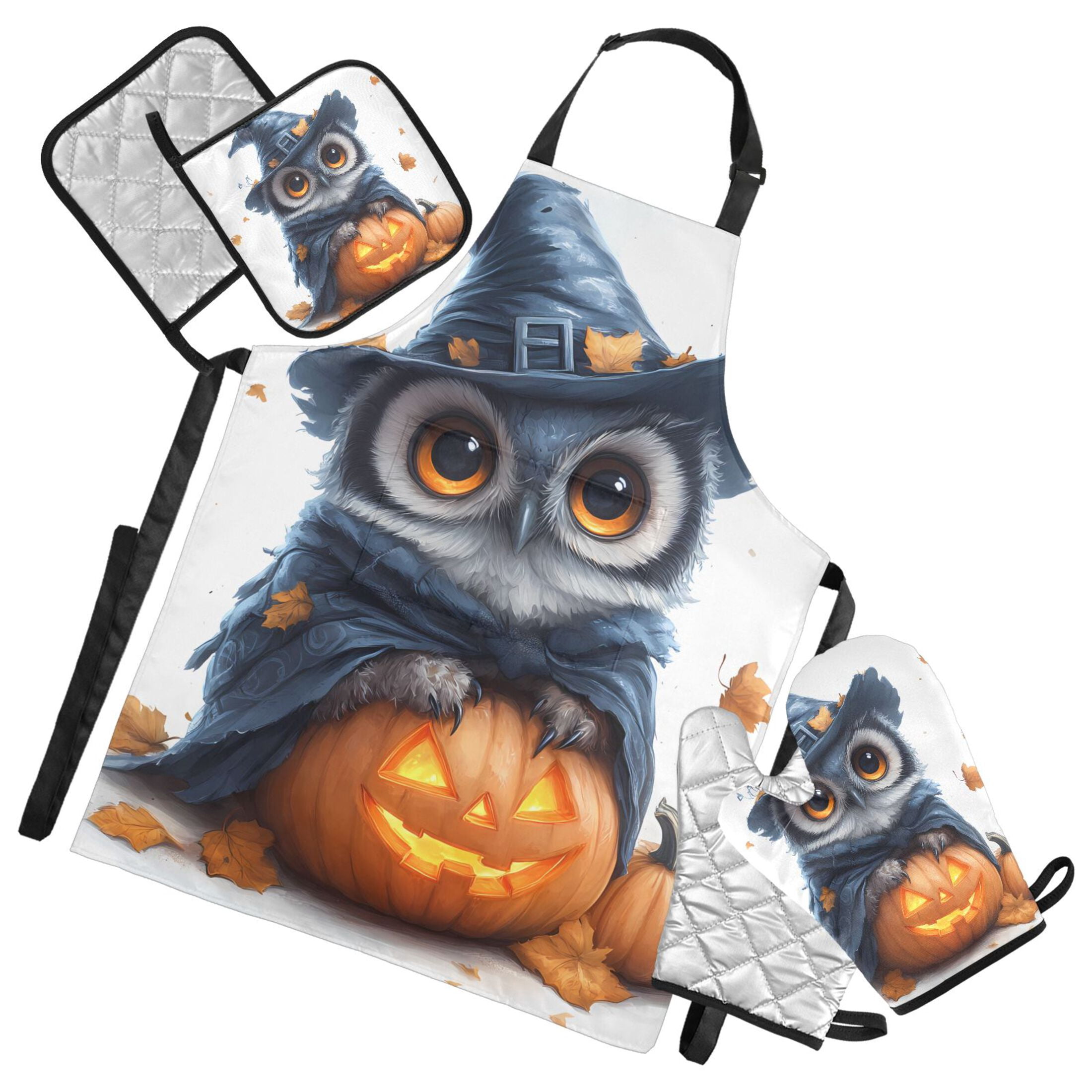 Cartoon Owl Witch and Pumpkins 5 Pcs Kitchen Set Heat Resistant Oven Mitts and Non-Slip Pot Holders with Adjustable Cooking Apron