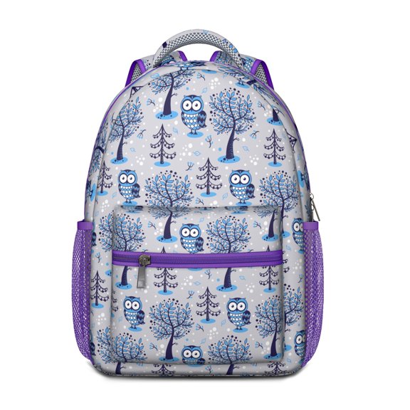 Cartoon Owl and Night Pattern Backpack – Cute Snowy Owl Print Bag with Big Eyes for Owl Lovers