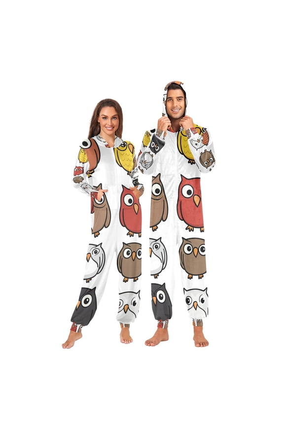 Cartoon Owls Adult Onesie Pajamas Slim Fit Christmas One Piece Suit Pjs for Women and Men Hooded Zipper