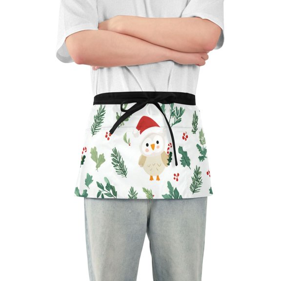 Cartoon Owls Leaves Berries Christmas Short Server Apron with 3 Pockets for Unisex Chef Gardening