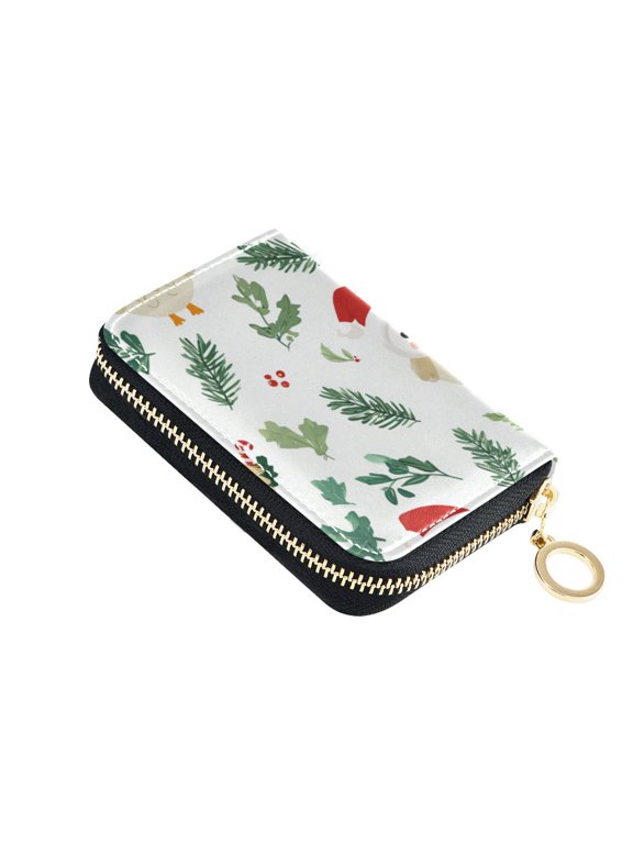 Cartoon Owls Leaves Berries Christmas Women's Credit Card Holder PU Leather Zipper Wallet RFID Blocking