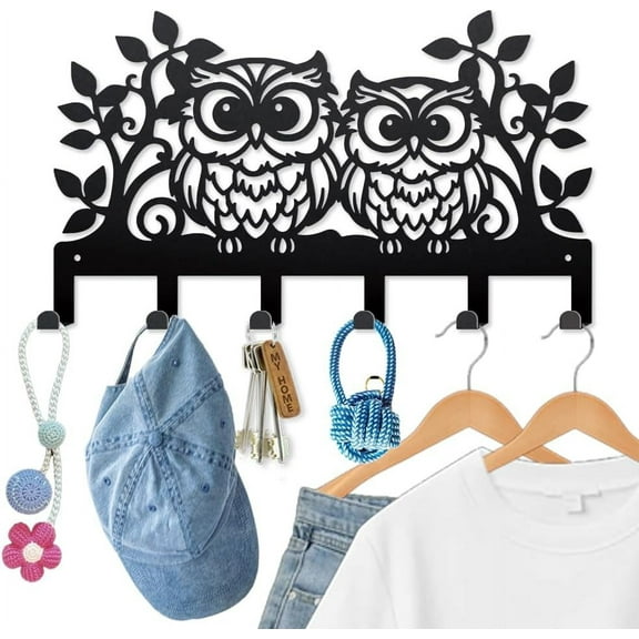 Cartoon Owls Metal Key Hook Leaves Branches Coat Rack Wall Mounted 15.79.1inch Art Wall Decor Key Holder Organizer Rack with 6 Hooks