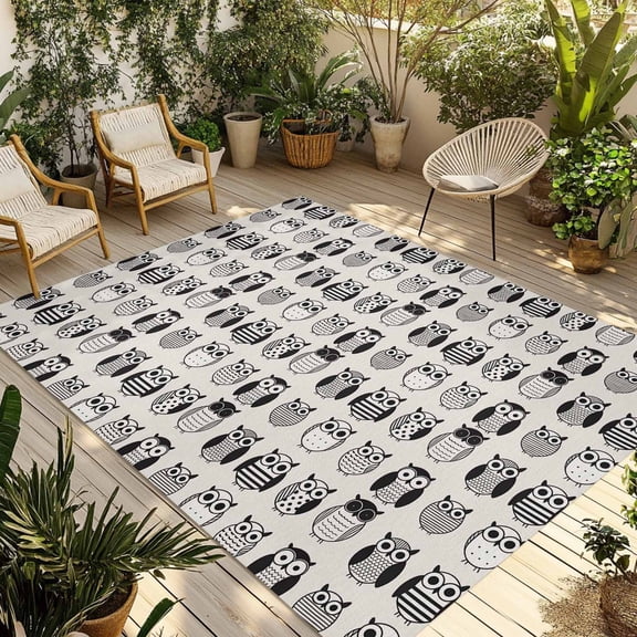 Cartoon Owls Outdoor Rug 5x8 Ft - Reversible Patio Rug Outdoor Camping Rugs, Modern Abstract Cute Birds Washable Indoor Outdoor Area Rugs, Non-Slip Outdoor Carpet Runner for Deck/Porch