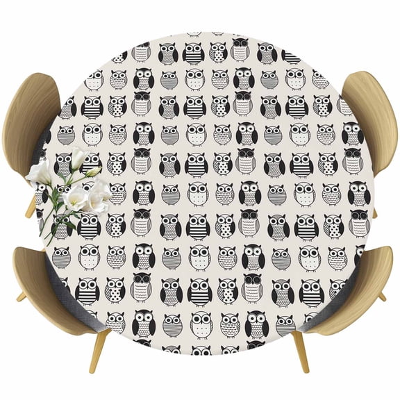 Cartoon Owls Round Tablecloth, Fitted Table Cover with Elastic for 36"-44" Round Tables, Modern Abstract Cute Birds Table Cloth Outdoor Indoor Dinning Party Waterproof Tablecloths