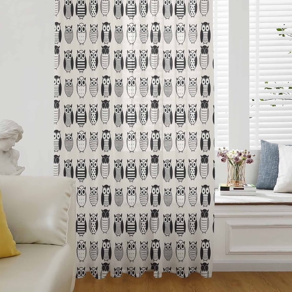Cartoon Owls Semi Sheer Curtains Drapes for Living Room, Bedroom, French Doors Window 45 Inches Long, Modern Abstract Cute Birds Rod Pocket Chiffon Curtain Drapery Voile Draperies Panel