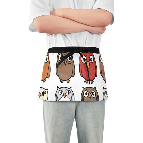 Cartoon Owls Waist Apron Adjustable Server Half Apron Kitchen Cooking with 3 Pockets for Men Women