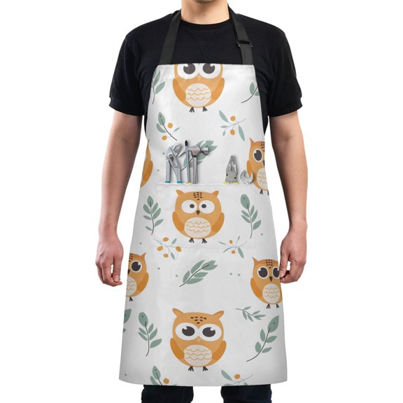 Cartoon Owls and Leaf Kitchen Apron with 2 Pockets Adjustable waterproof Cooking Aprons for Women Men Chef