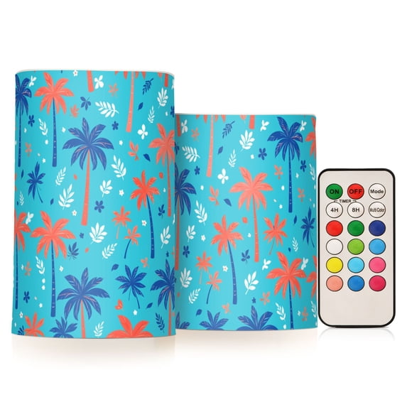 Cartoon Palm Tree Flameless LED Candle Set with Remote, Battery Operated Color Changing Pillar Candles, Set of 2