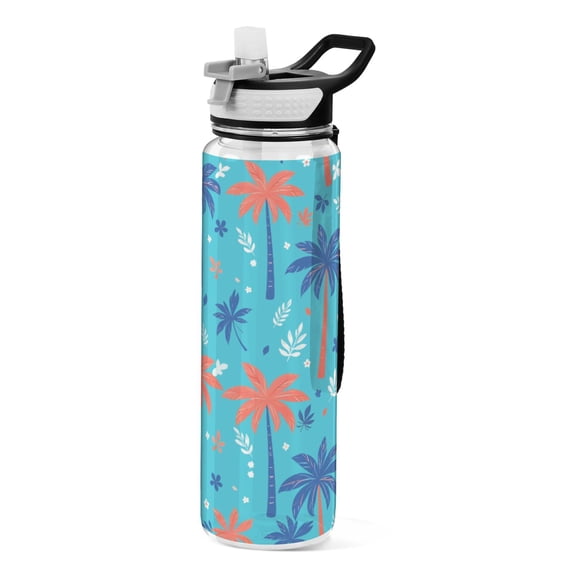 Cartoon Palm Tree Sport Water Bottle Tritan with Straw 1000ml Portable for Outdoor Daily Use