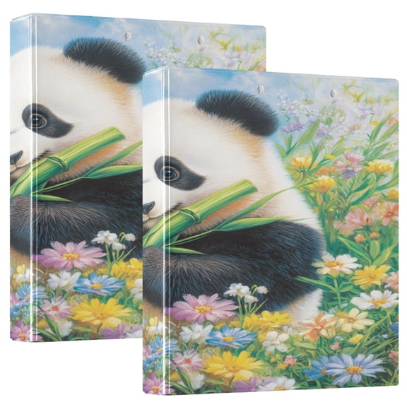 Cartoon Panda 12.4x10.6in PVC Round Ring Binder, D-Ring 3-Hole, Metal Clip, 200 Sheets