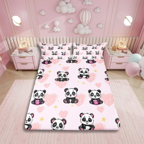 Cartoon Panda Bed Sheets Set,Twin Cute Zoo Animal Sheet Set for Kids Boys Girls,Pink Live Heart Sheets,Lovely Panda Flat Fitted Sheet with 1 Pillowcase,Deep Pockets