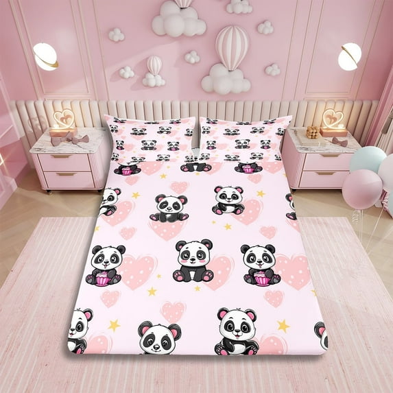 Cartoon Panda Bed Sheets Set,Twin Cute Zoo Animal Sheet Set for Kids Boys Girls,Pink Live Heart Sheets,Lovely Panda Flat Fitted Sheet with 1 Pillowcase,Deep Pockets