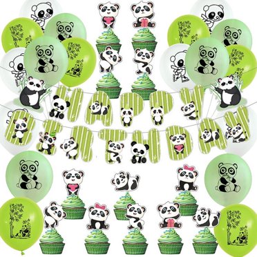 37Pcs Cute Panda Birthday Party Supplies Set With Panda Happy Birthday Banner, Cake Toppers, Cupcake Toppers, Balloons Baby Shower Boys Girls Teens Cartoon Panda Theme Party Decorations