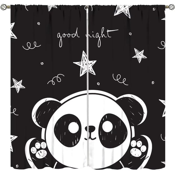 Cartoon Panda Curtains,Each Panel W21 x 54" L,Black White Cute Animal Window Treatments for Kids Child Bedroom Living Room Window Drapes 2 Panel Set,Total Size 42" x 54"