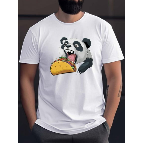 Cartoon Panda Eating Taco Graphic Print Men's Crew Neck Short Sleeve Tees, Casual T-shirt, Summer Slight Stretch Comfortable & Breathable Top For Everyday Wear