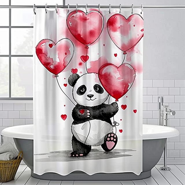 Cartoon Panda Heart Balloons Shower Curtain Romantic Bathroom Decor