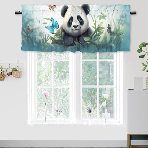 Cartoon Panda Kitchen Valance Curtain Rod Pocket Funny Animal Bamboo Forest Flowers Butterfly Window Treatment Valance Curtains for Bathroom 54 by 18 in, 1 Panel