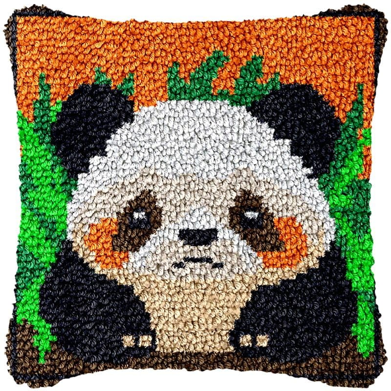 Cartoon Panda Latch Hook Pillow Cover Kits for DIY Handmade Throw Pillow Cross Stitch Latch Hook Pillowcase Rug Kits with Preprinted Color Pattern Canvas Crochet Yarn Kits 17''X 17''(ch128)