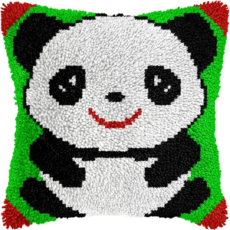 Cartoon Panda Latch Hook Pillows Kits Cushion Pillow Cover with Pattern Printed Canvas Sofa Hooking Pillowcase Crafts Embroidery Latch Hooking Crochet Kits Set 17x17 inch(1)