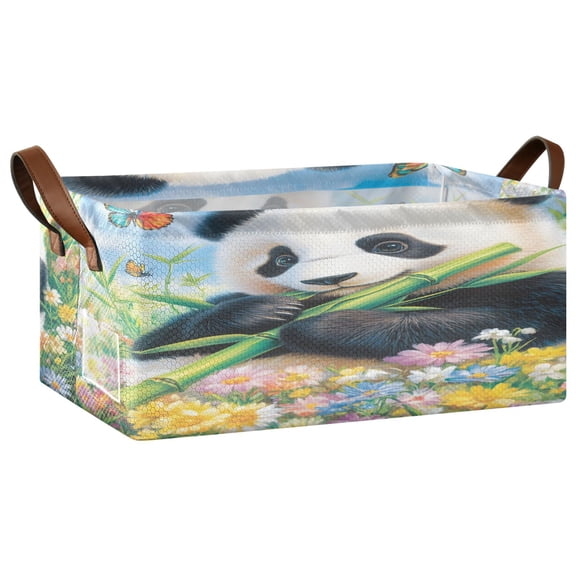 Cartoon Panda Open Home Storage Bins Foldable Metal Frame Shelf Baskets 16.9x11.4x7.7in Water-Resistant