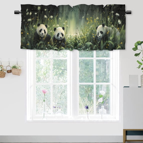 Cartoon Panda Rod Pocket Thermal Insulated Curtain Valance Cute Animal Black White Panda Bear Flowers Leaf Window Valance for Bedroom Bathroom Living Room Dining Room 54 by 18 in, 1 Panel