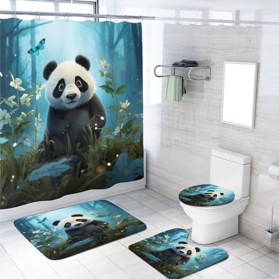 Cartoon Panda Shower Curtain Set Funny Animal Bamboo Forest Flowers Butterfly with Non-Slip Rugs, Toilet Lid Cover and Bath Mat, Durable and Waterproof, for Bathroom Decor Set, 72x72 Inch