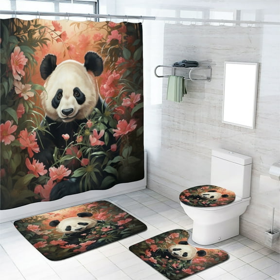 Cartoon Panda Shower Curtain Sets with Rugs 4 Piece Cute Animal Forest Flowers Waterproof Fabric Cloth Bath Curtain, Non-Slip Bathroom Rugs Bath Mats, 72x72 Inch