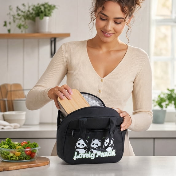 Cartoon Panda Thermal Lunch Tote Bag, Leakproof Waterproof Insulated Cooler Bag with Front Pocket for Daily Meal Storage