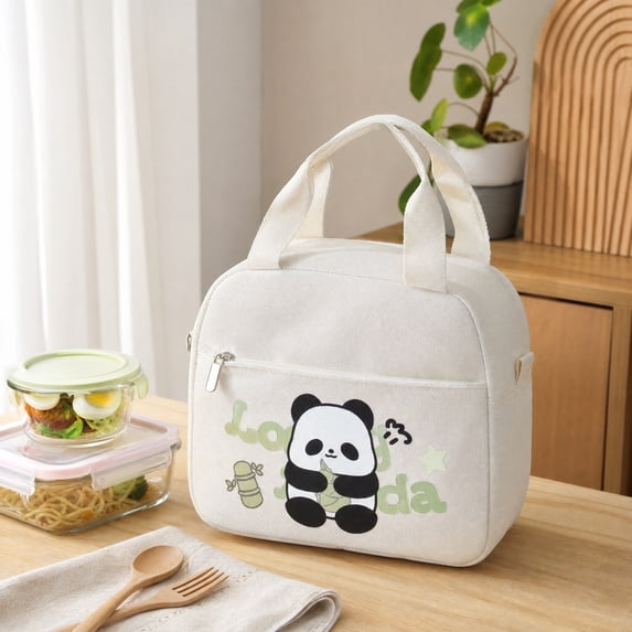 Cartoon Panda Thermal Lunch Tote Bag, Leakproof Waterproof Insulated Cooler Bag with Front Pocket for Daily Meal Storage