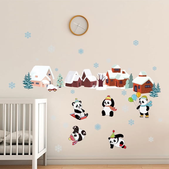 Cartoon Panda Wall Stickers Watercolor Christmas Tree Vinyl Stickers Snow House Snowflake Wall Decals DIY Nursery Winter Art Decor for Kids Room Living Room Classroom Nursery Bedroom Colorful