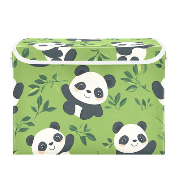 Cartoon Panda and Leaf Large Storage Bins with Linen Collapsible Lid Storage Box 16.7 x 12.6 x 11.8in