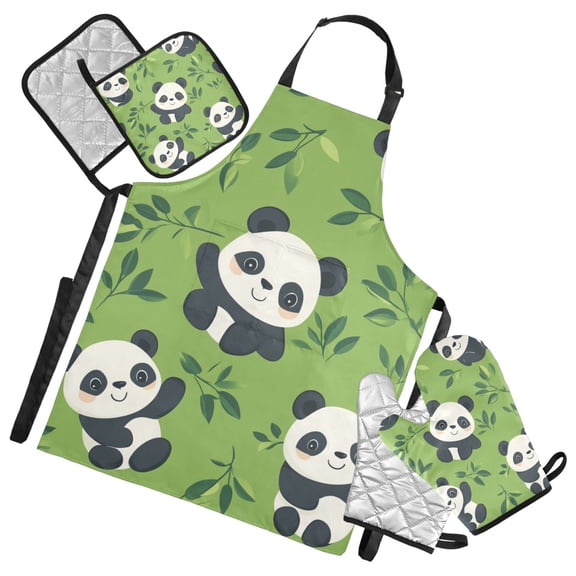Cartoon Panda and Leaf Oven Mitts and Pot Holders with Chef Apron Set 5 Pcs Kitchen Cooking Set