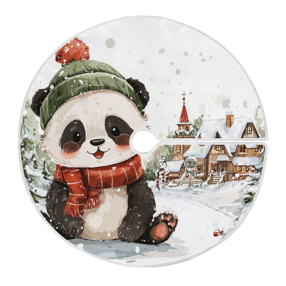 Cartoon Panda in Christmas Snowy Day Christmas Tree Skirt Opening Design Floor Protection Holiday Decor 35.4" Diameter S