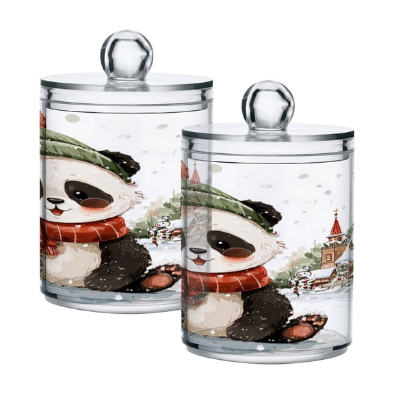 Cartoon Panda in Christmas Snowy Day Translucent Plastic Cans Storage Canisters with Lid Set of 2