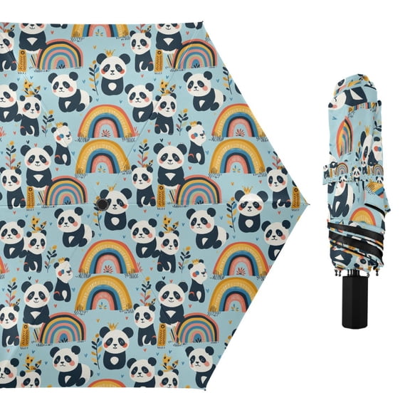 Cartoon Pandas with Rainbow Compact Sun Umbrella Windproof Travel Umbrellas for Rain Strong Portable UV Protection