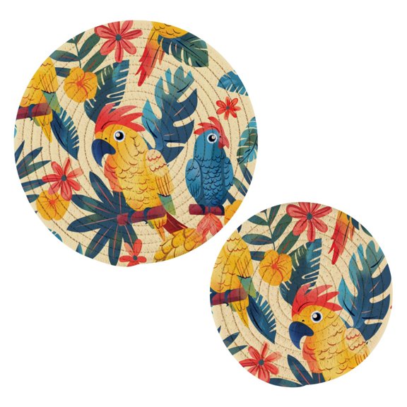 Cartoon Parrot Pattern Cotton Trivets Potholders Set of 2 Handmade Heat Resistant Non Slip Absorbent