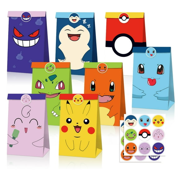 Cartoon Party Gifts Bags, Animation Pikachu Paper Favor Bags, Birthday Event Supplies Gifts Candy Treat Bags, Party Goodie Bags Kids Adults Birthday Party Decorations (12+18 Pacs)